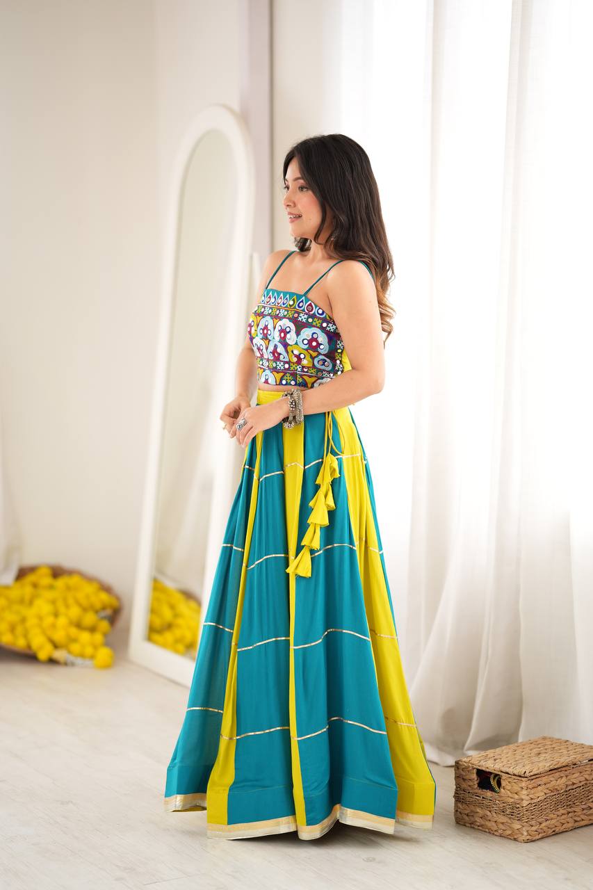 Teal & Lime Green Printed Crop Top With Flared Lehenga Set For Festive Wear