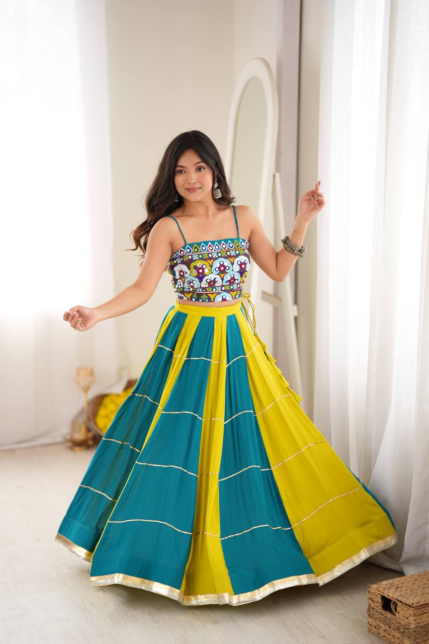Teal & Lime Green Printed Crop Top With Flared Lehenga Set For Festive Wear