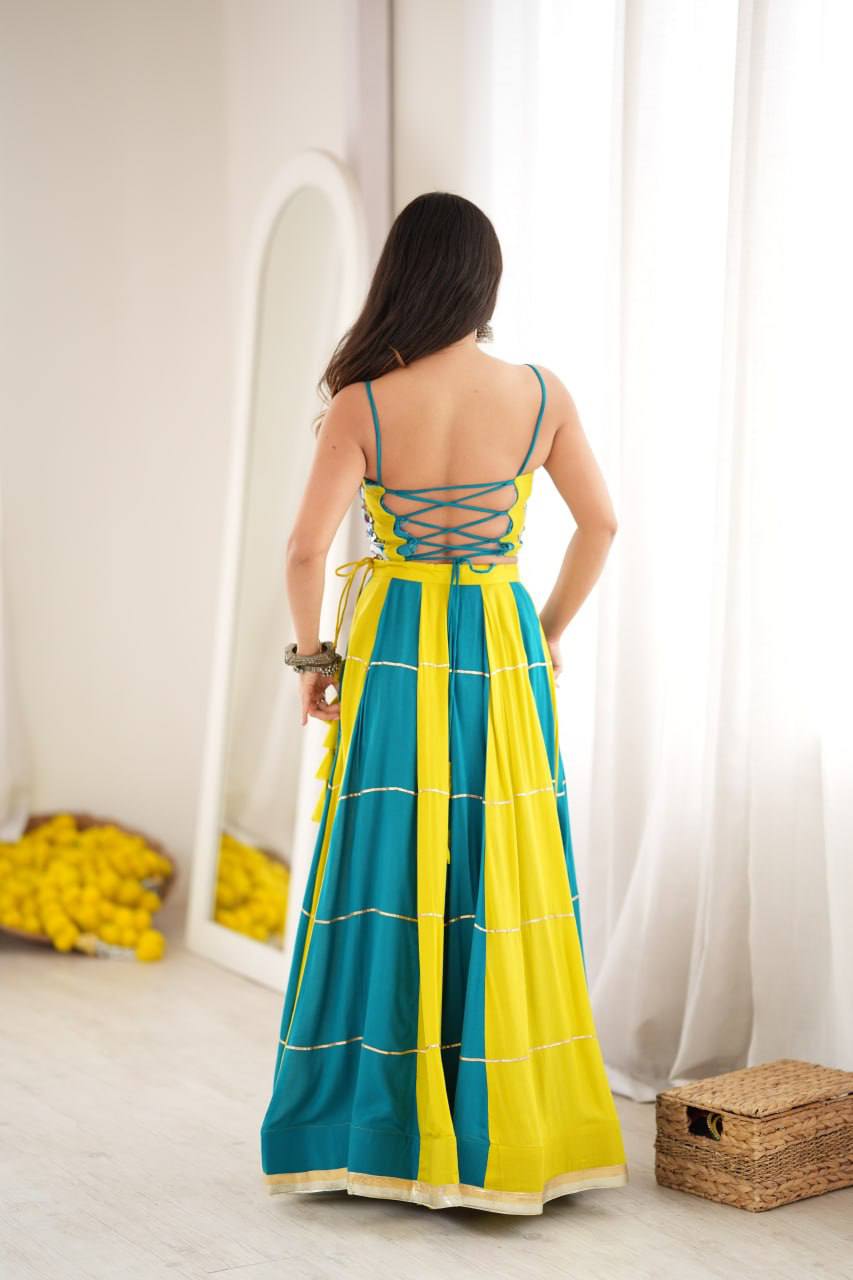 Teal & Lime Green Printed Crop Top With Flared Lehenga Set For Festive Wear