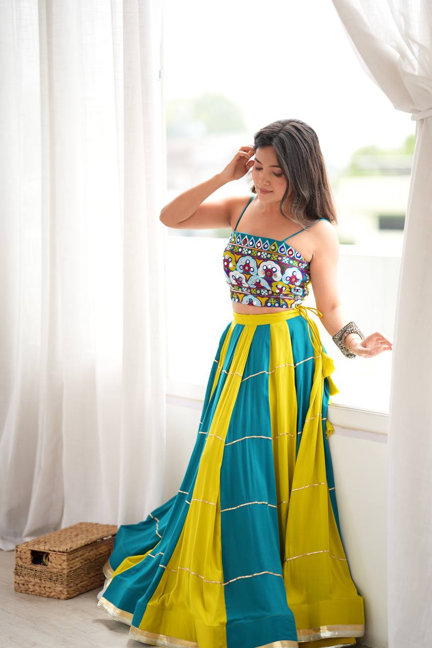 Teal & Lime Green Printed Crop Top With Flared Lehenga Set For Festive Wear