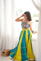 Teal & Lime Green Printed Crop Top With Flared Lehenga Set For Festive Wear