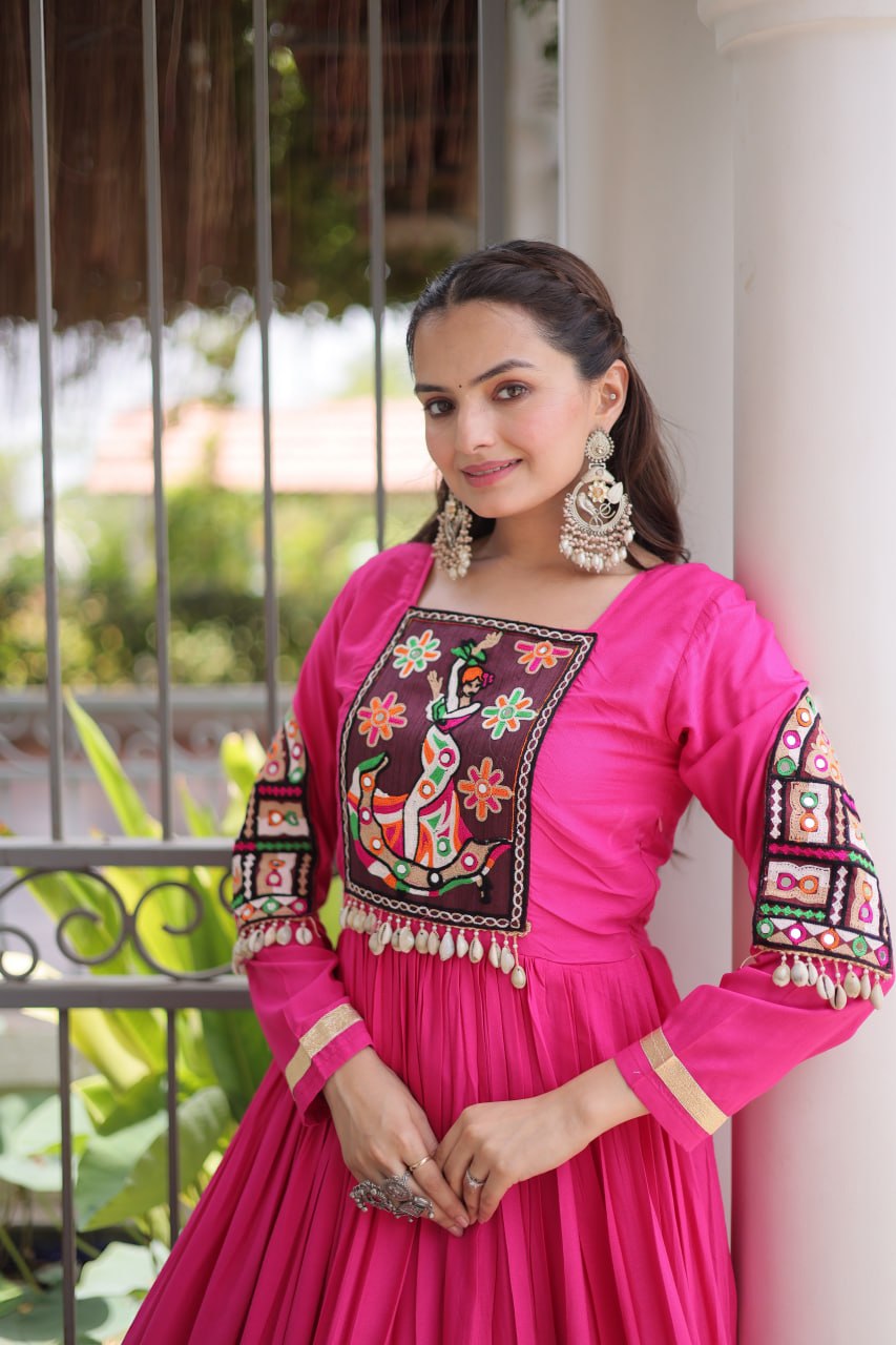 Rayon Kutchi Gamthi Thread Work Long Flared Gown For Garba Nights