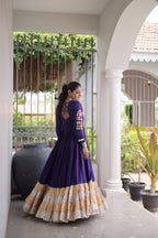 Rayon Kutchi Gamthi Thread Work Long Flared Gown For Garba Nights