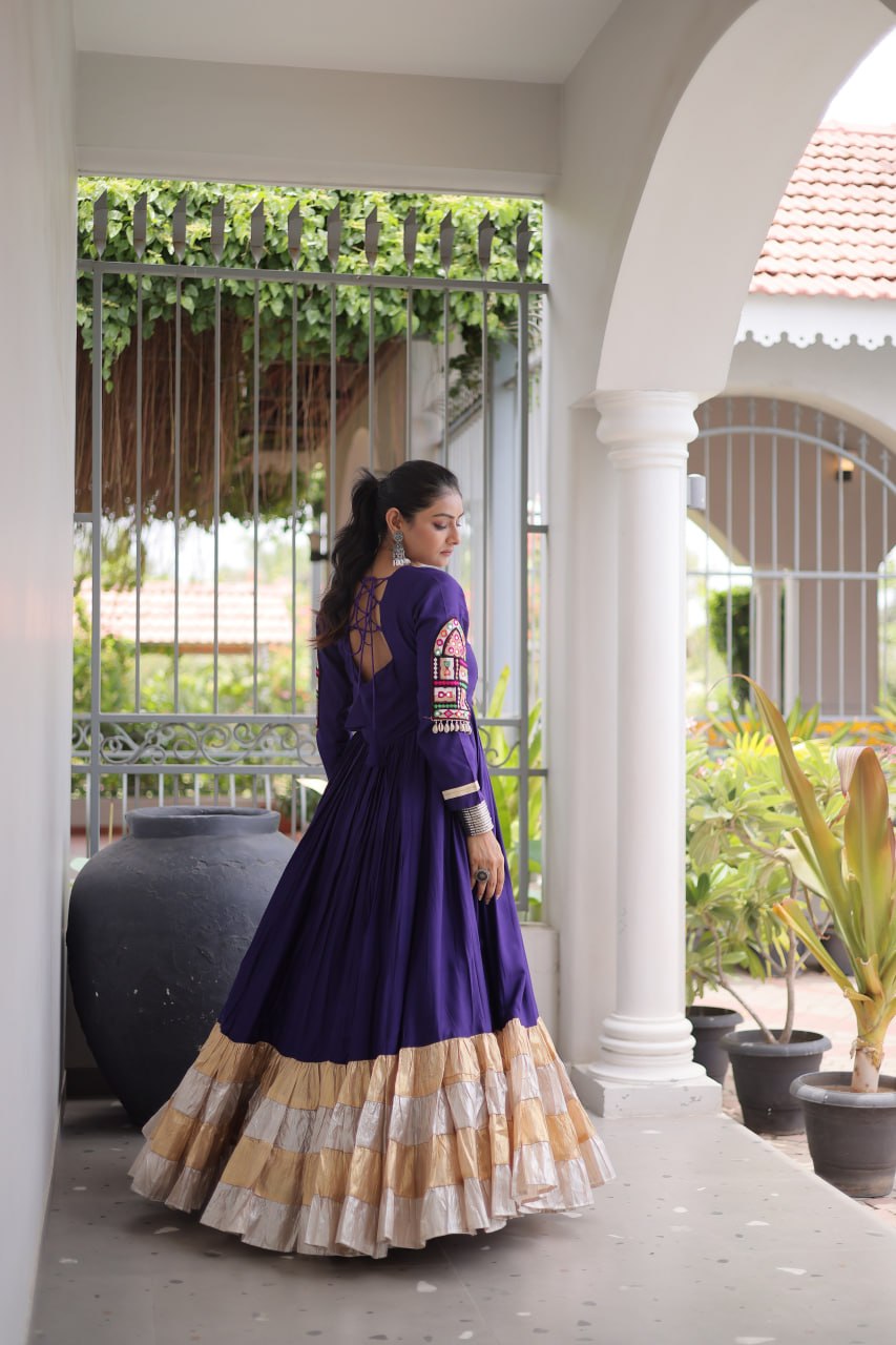 Rayon Kutchi Gamthi Thread Work Long Flared Gown For Garba Nights
