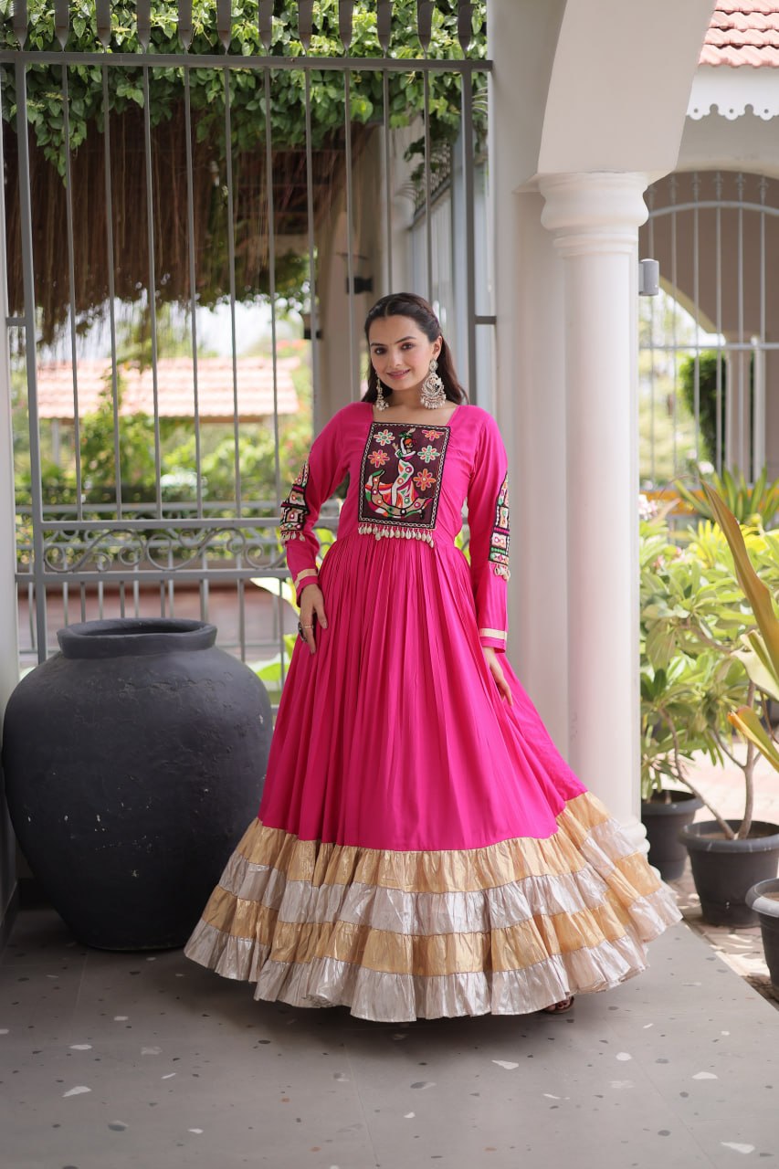 Rayon Kutchi Gamthi Thread Work Long Flared Gown For Garba Nights