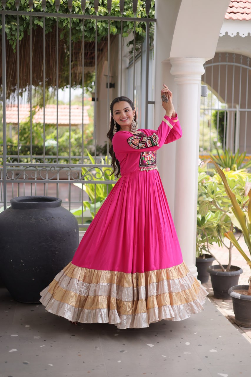 Rayon Kutchi Gamthi Thread Work Long Flared Gown For Garba Nights
