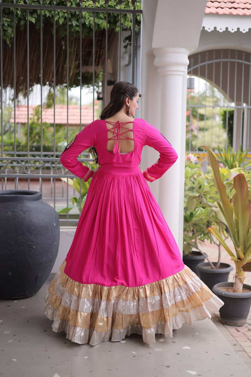 Rayon Kutchi Gamthi Thread Work Long Flared Gown For Garba Nights