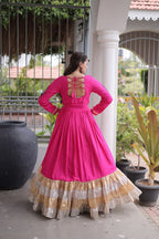 Rayon Kutchi Gamthi Thread Work Long Flared Gown For Garba Nights