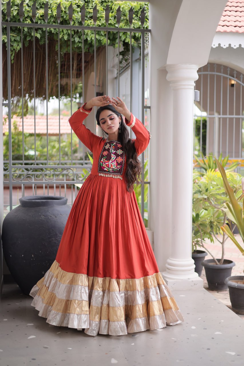 Rayon Kutchi Gamthi Thread Work Long Flared Gown For Garba Nights