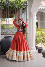 Rayon Kutchi Gamthi Thread Work Long Flared Gown For Garba Nights