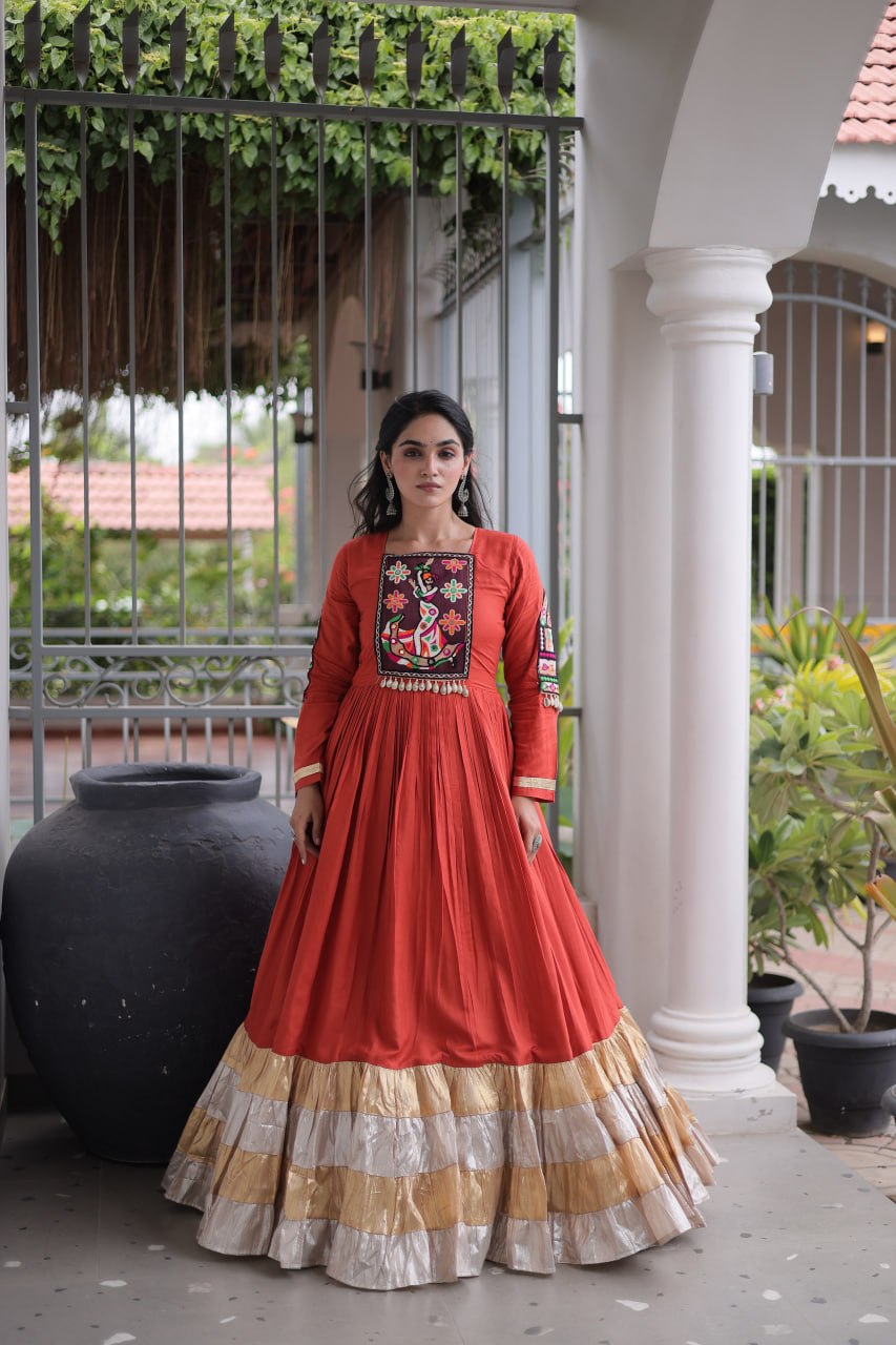 Rayon Kutchi Gamthi Thread Work Long Flared Gown For Garba Nights