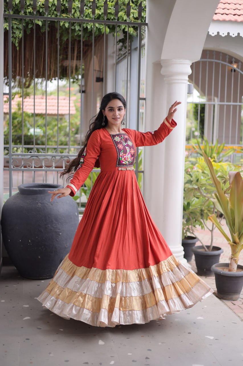 Rayon Kutchi Gamthi Thread Work Long Flared Gown For Garba Nights