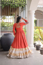 Rayon Kutchi Gamthi Thread Work Long Flared Gown For Garba Nights