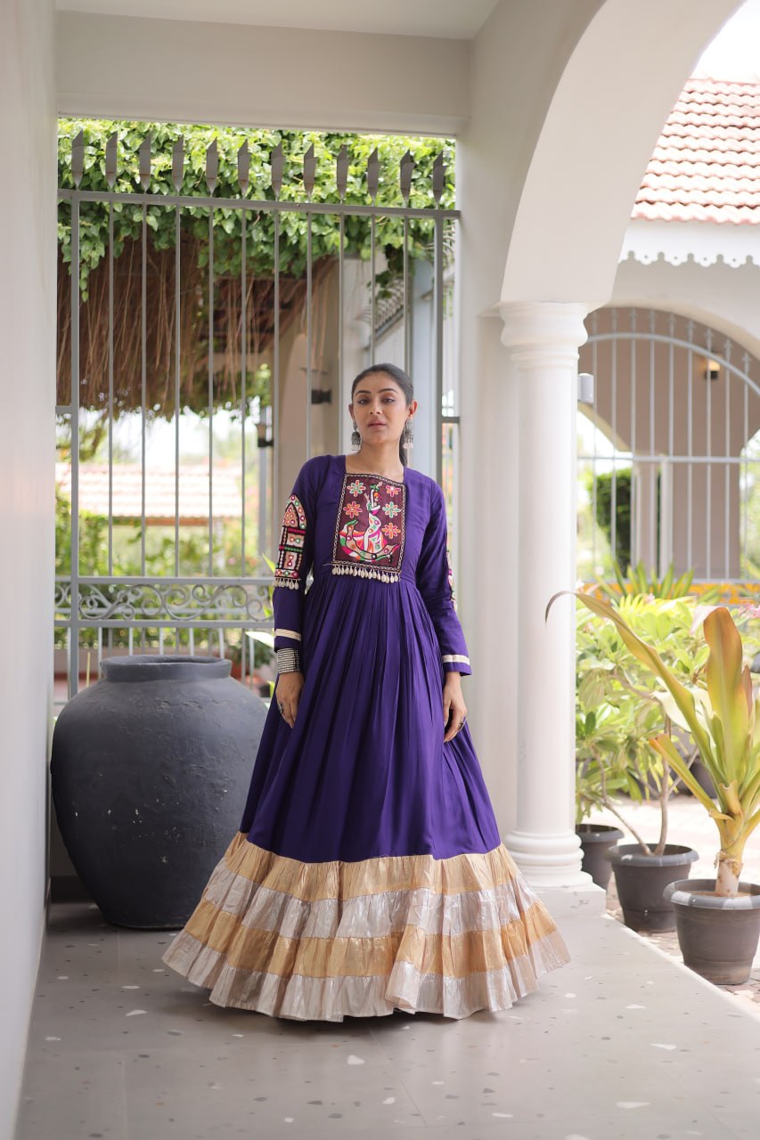 Rayon Kutchi Gamthi Thread Work Long Flared Gown For Garba Nights