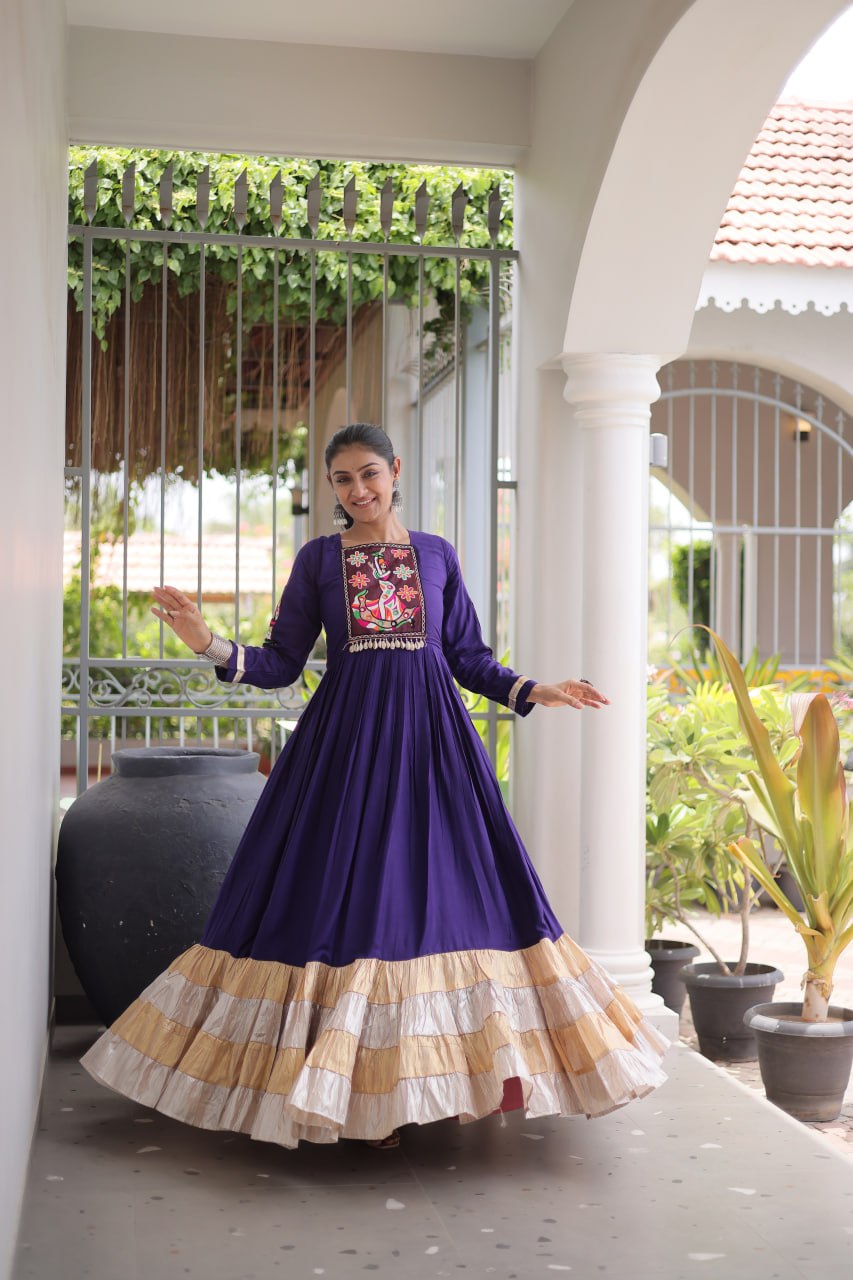Rayon Kutchi Gamthi Thread Work Long Flared Gown For Garba Nights