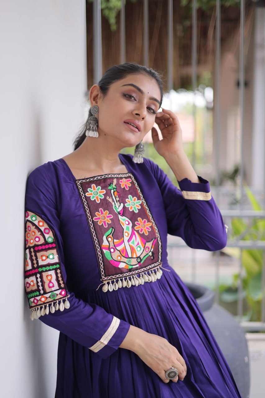 Rayon Kutchi Gamthi Thread Work Long Flared Gown For Garba Nights