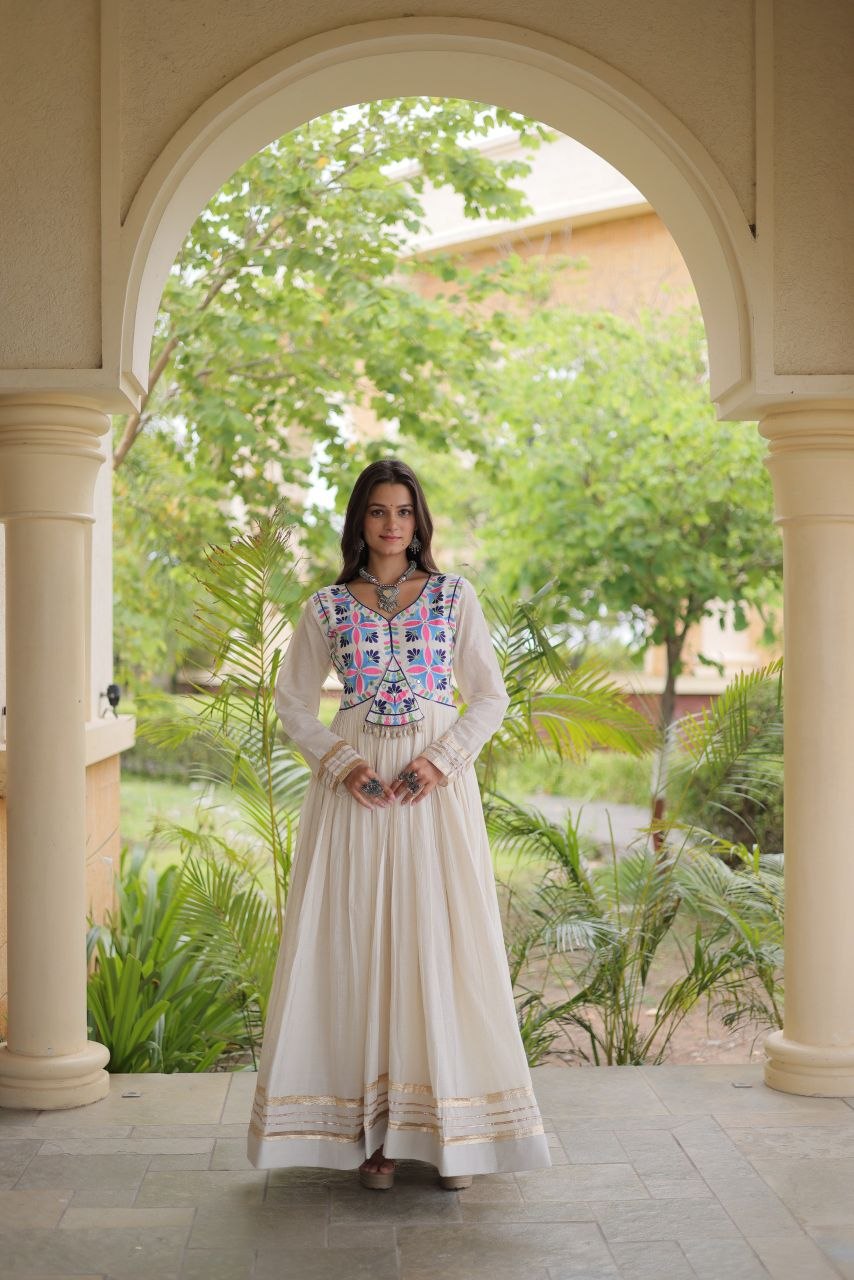 Embroidered Gota Patti Mirror Work Cotton Long Flared Gown For Navratri