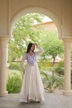 Embroidered Gota Patti Mirror Work Cotton Long Flared Gown For Navratri