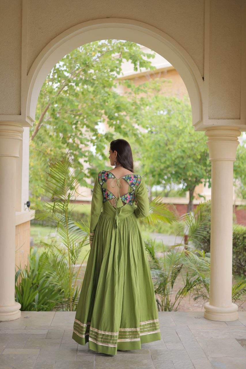 Embroidered Gota Patti Mirror Work Cotton Long Flared Gown For Navratri