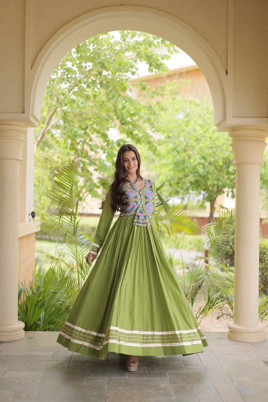 Embroidered Gota Patti Mirror Work Cotton Long Flared Gown For Navratri