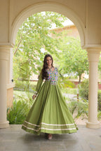 Embroidered Gota Patti Mirror Work Cotton Long Flared Gown For Navratri