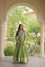 Embroidered Gota Patti Mirror Work Cotton Long Flared Gown For Navratri