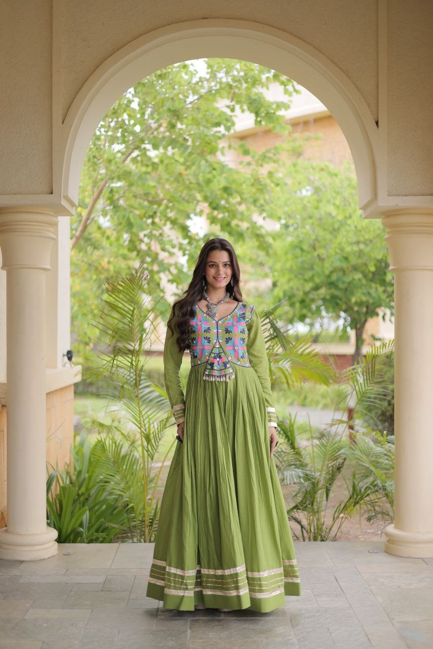 Embroidered Gota Patti Mirror Work Cotton Long Flared Gown For Navratri