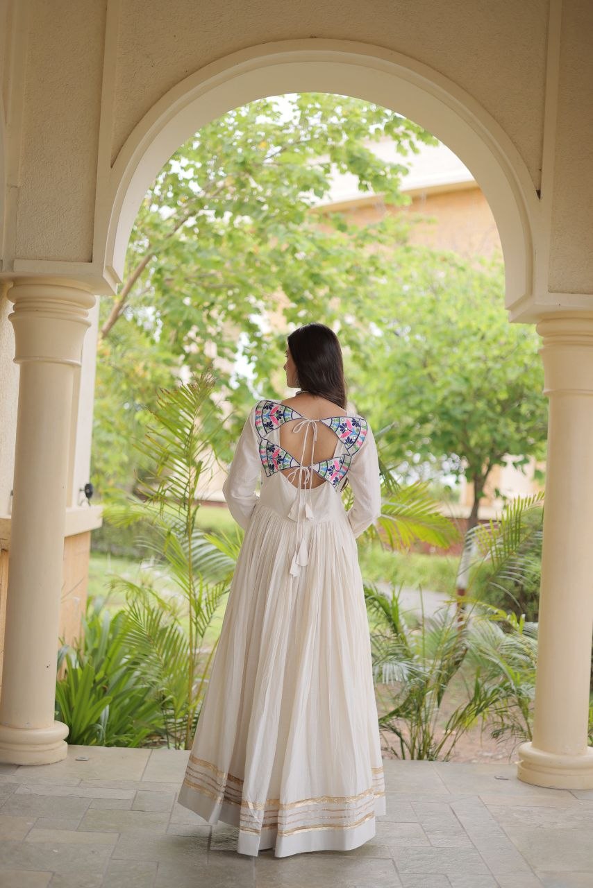 Embroidered Gota Patti Mirror Work Cotton Long Flared Gown For Navratri