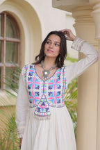 Embroidered Gota Patti Mirror Work Cotton Long Flared Gown For Navratri