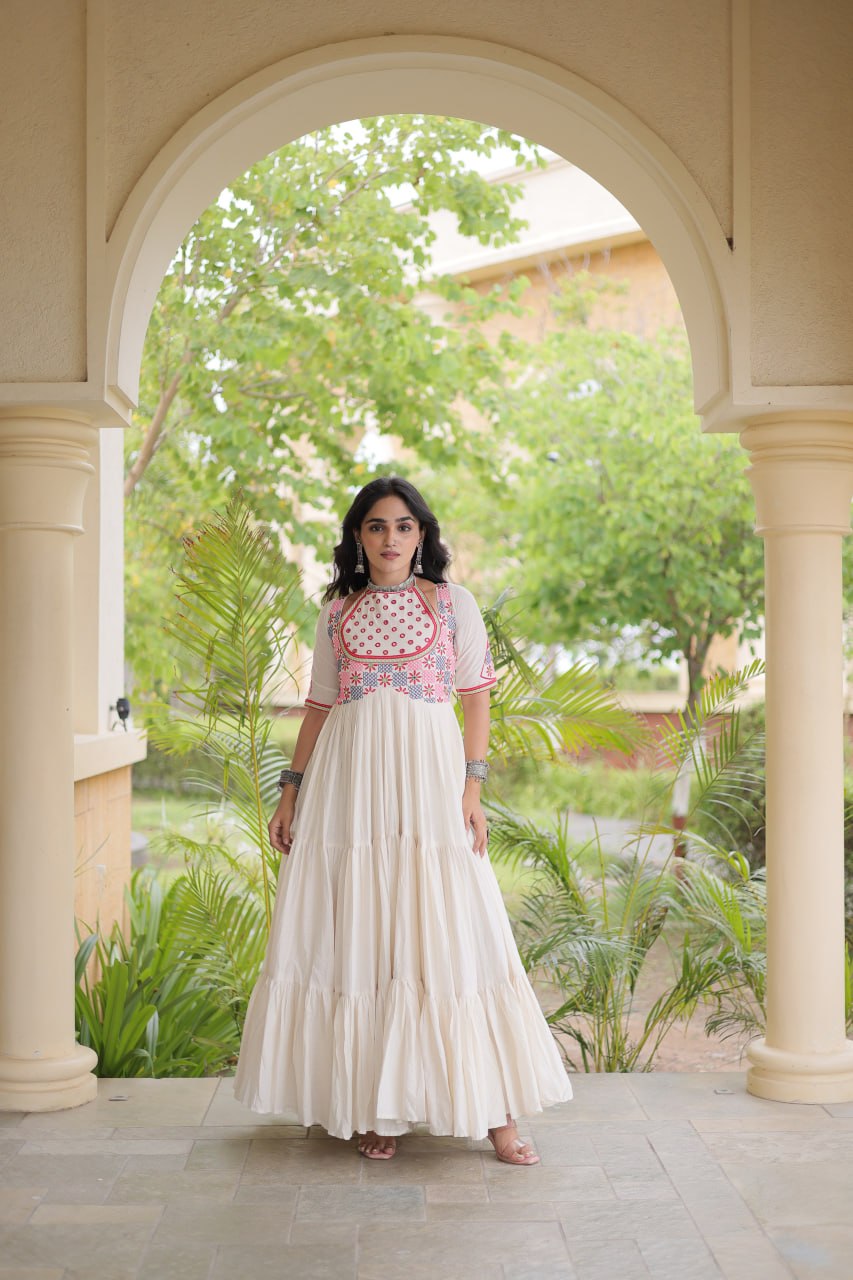 Navratri Cotton Thread Embroidered Real Mirror work Long Gown For Garba