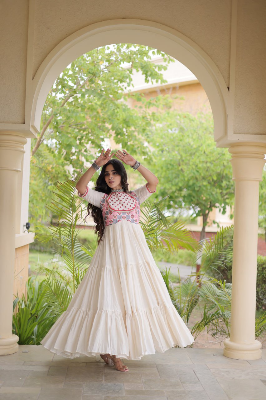 Navratri Cotton Thread Embroidered Real Mirror work Long Gown For Garba