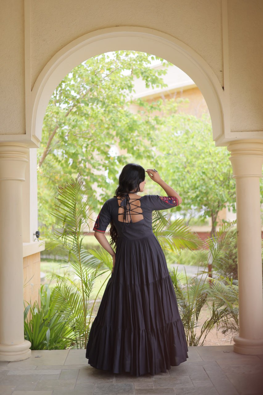 Navratri Cotton Thread Embroidered Real Mirror work Long Gown For Garba