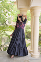 Navratri Cotton Thread Embroidered Real Mirror work Long Gown For Garba
