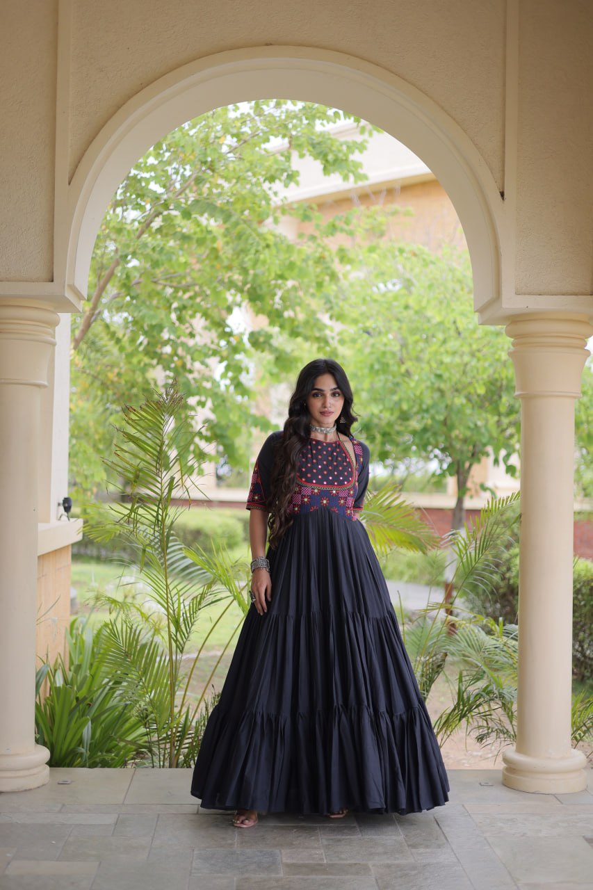 Navratri Cotton Thread Embroidered Real Mirror work Long Gown For Garba