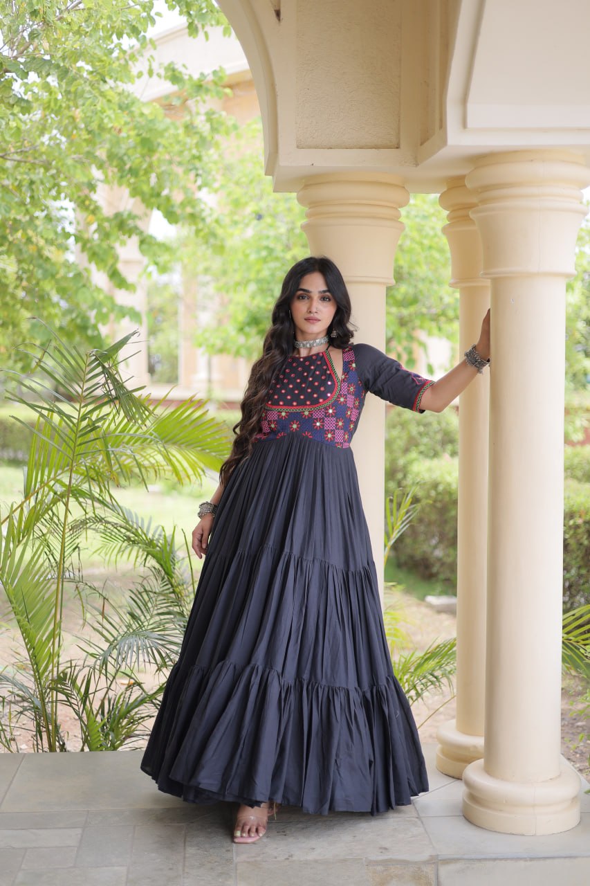 Navratri Cotton Thread Embroidered Real Mirror work Long Gown For Garba