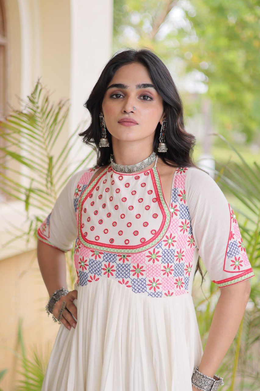Navratri Cotton Thread Embroidered Real Mirror work Long Gown For Garba