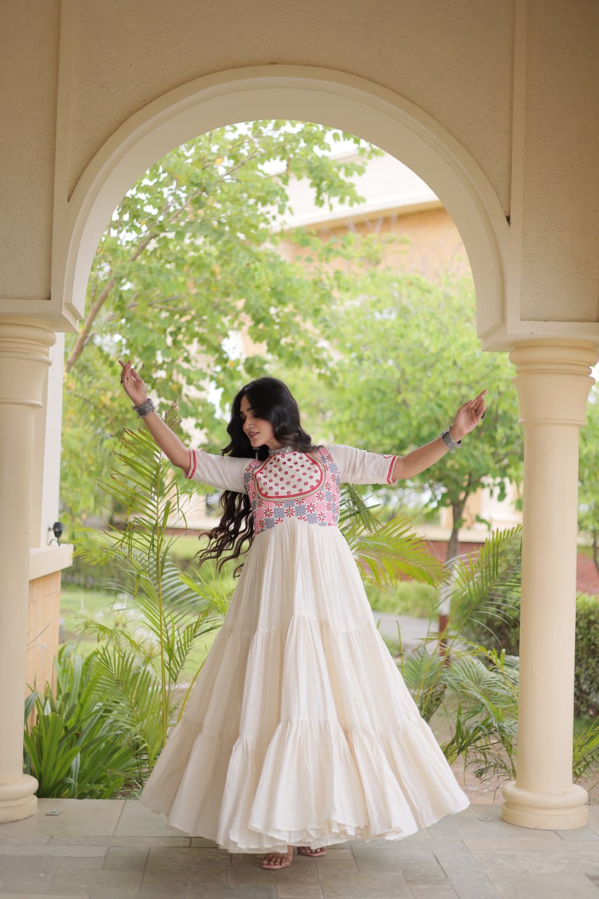 Navratri Cotton Thread Embroidered Real Mirror work Long Gown For Garba