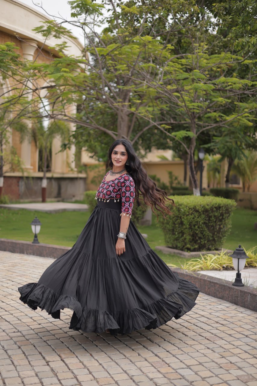 Desginer Cotton Thread Embroidered Real Mirror work Long Gown For Festivals
