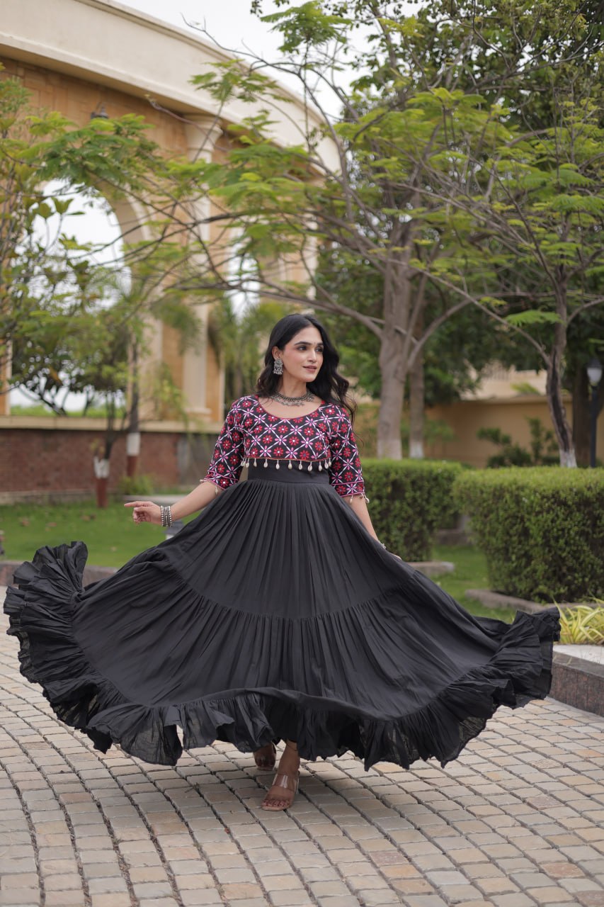 Desginer Cotton Thread Embroidered Real Mirror work Long Gown For Festivals
