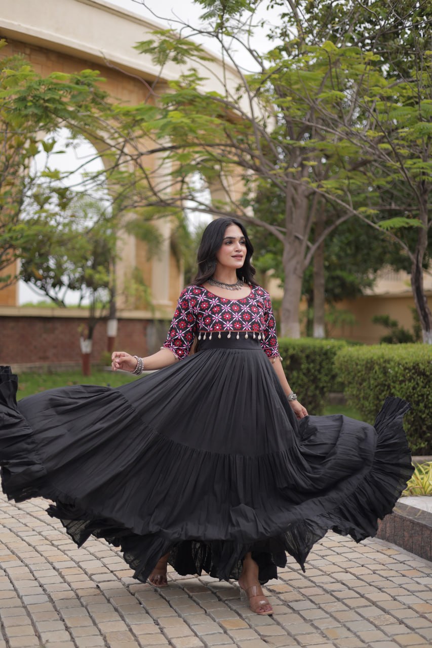 Desginer Cotton Thread Embroidered Real Mirror work Long Gown For Festivals