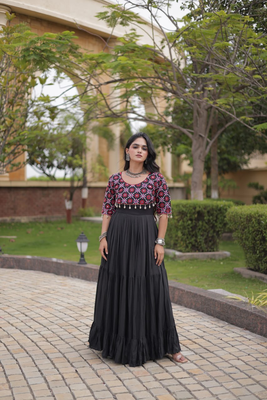 Desginer Cotton Thread Embroidered Real Mirror work Long Gown For Festivals