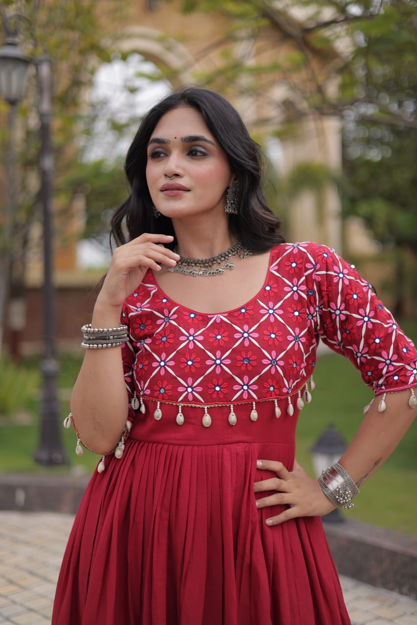 Desginer Cotton Thread Embroidered Real Mirror work Long Gown For Festivals