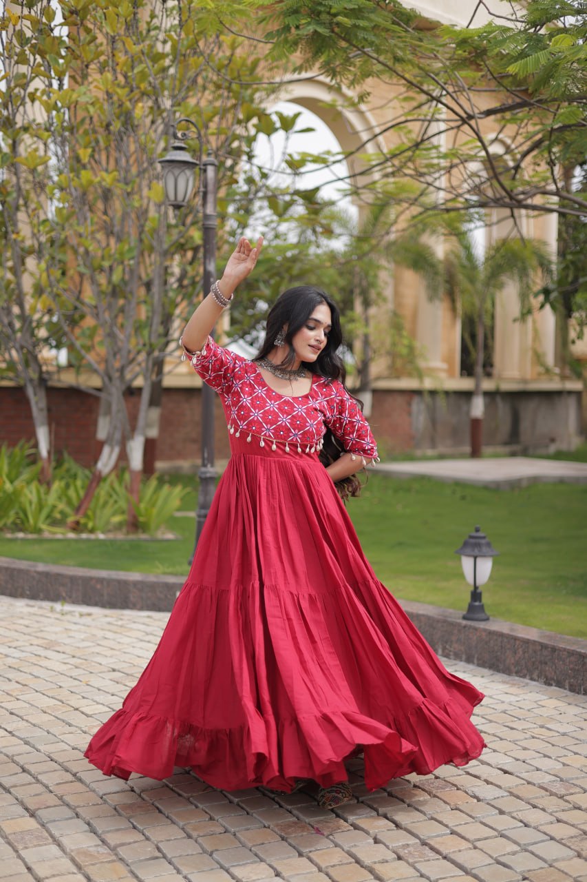 Desginer Cotton Thread Embroidered Real Mirror work Long Gown For Festivals