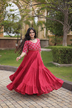 Desginer Cotton Thread Embroidered Real Mirror work Long Gown For Festivals