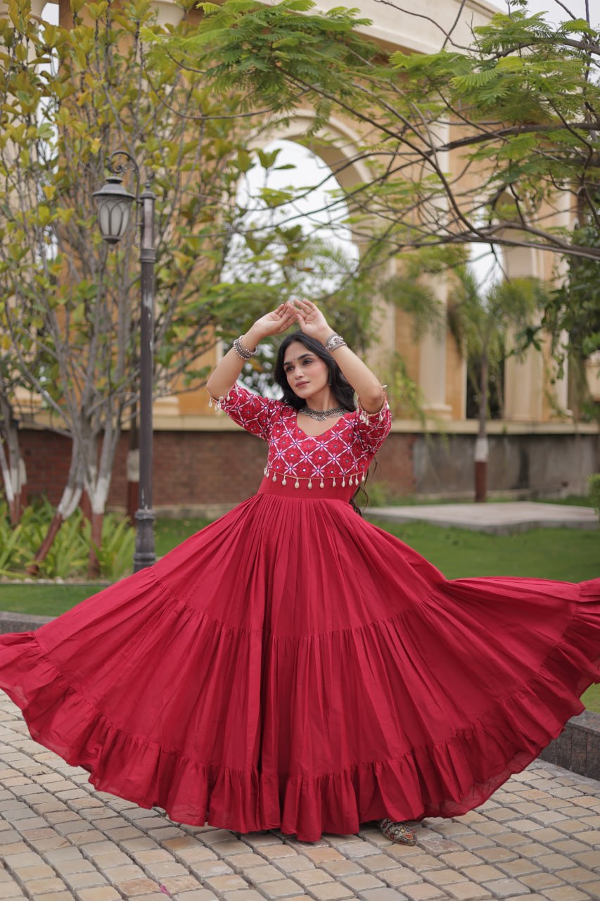Desginer Cotton Thread Embroidered Real Mirror work Long Gown For Festivals