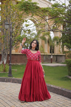 Desginer Cotton Thread Embroidered Real Mirror work Long Gown For Festivals