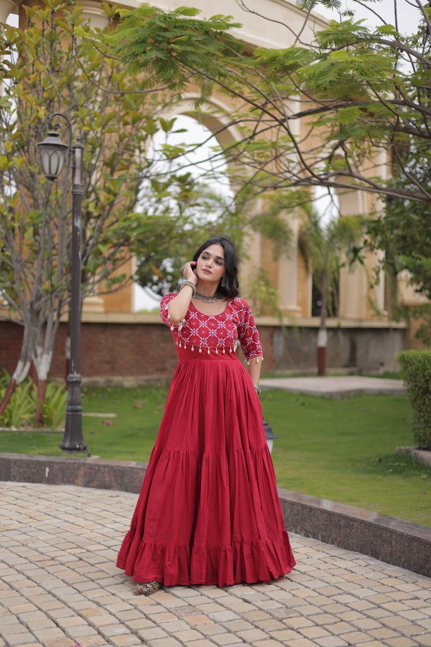 Desginer Cotton Thread Embroidered Real Mirror work Long Gown For Festivals