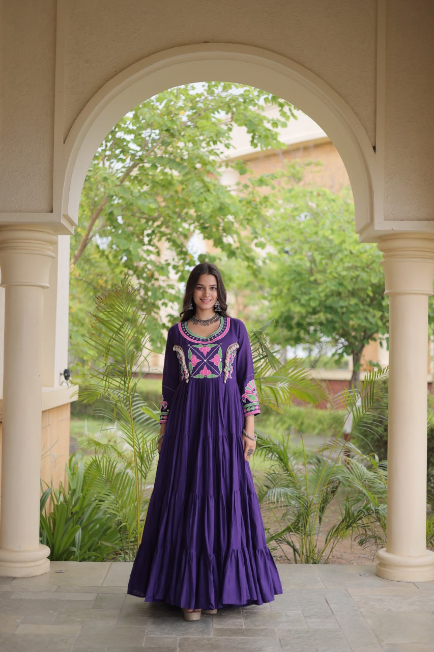 Cotton Multi Thread Embroidered Mirror Work Long Gown For Navratri Festival