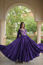 Cotton Multi Thread Embroidered Mirror Work Long Gown For Navratri Festival