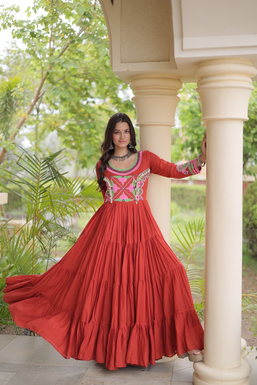 Cotton Multi Thread Embroidered Mirror Work Long Gown For Navratri Festival